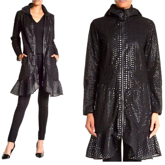 ZAC POSEN Women's Black Hooded Perforated Trench Coat Zip Front size L - Picture 1 of 15